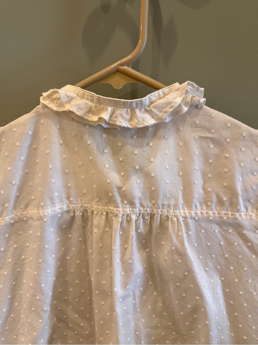 J. Crew White Ruffle Front Dot-Texture Short Sleeve Shirt - Picture 6 of 6